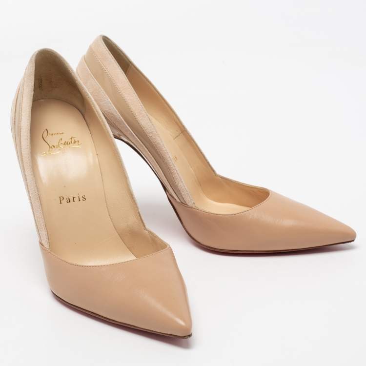 Pre Owned Christian Louboutin Beige Leather And Suede Pointed Toe Pumps Size 38