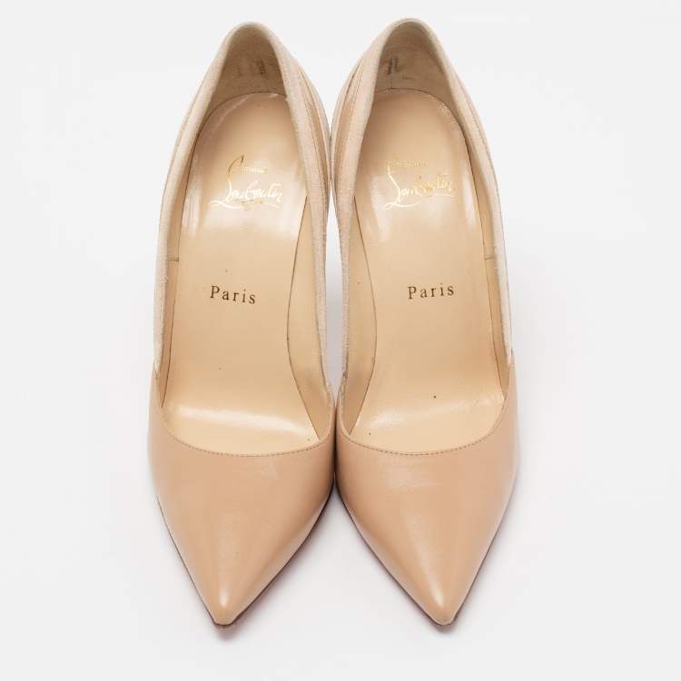 Pre Owned Christian Louboutin Beige Leather And Suede Pointed Toe Pumps Size 38
