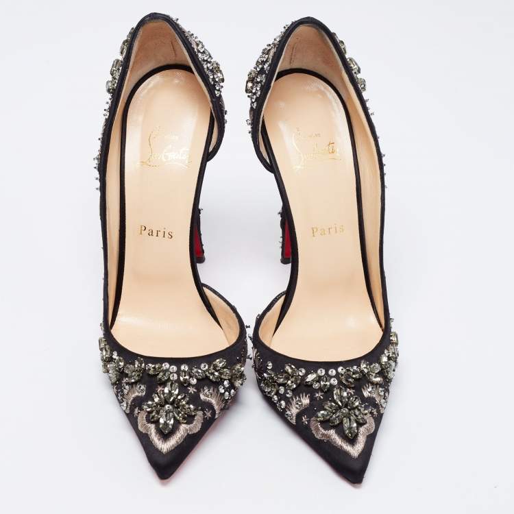 Pre Owned Christian Louboutin Black Satin Brodiriza Embellished D'orsay Pumps Size 40