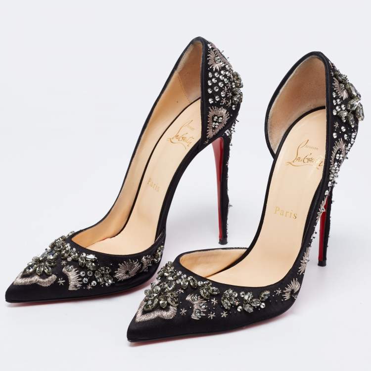 Pre Owned Christian Louboutin Black Satin Brodiriza Embellished D'orsay Pumps Size 40