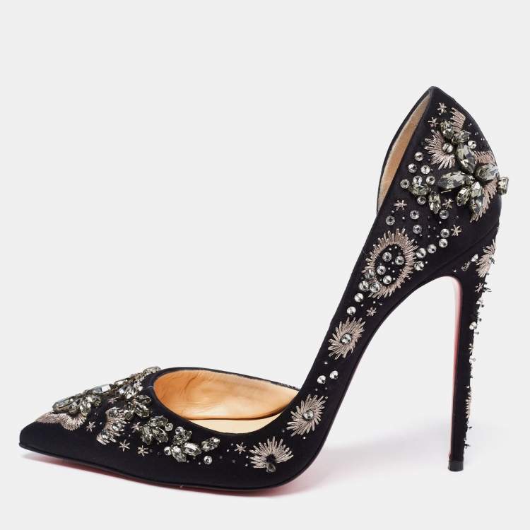 Pre Owned Christian Louboutin Black Satin Brodiriza Embellished D'orsay Pumps Size 40