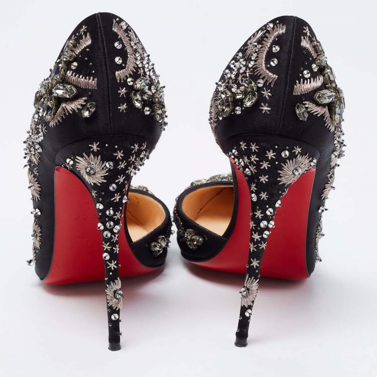 Pre Owned Christian Louboutin Black Satin Brodiriza Embellished D'orsay Pumps Size 40