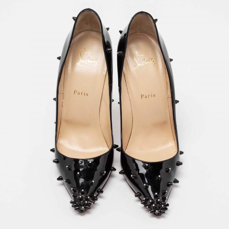 Pre Owned Christian Louboutin Black Patent Leather Diamond Spike Pointed Toe Pumps Size 41