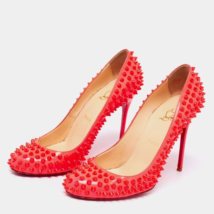 Pre Owned Christian Louboutin Neon Pink Leather Fifi Spike Pumps Size 40.5