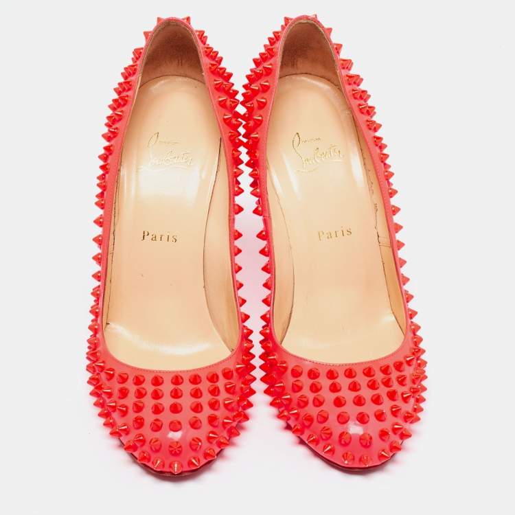 Pre Owned Christian Louboutin Neon Pink Leather Fifi Spike Pumps Size 40.5