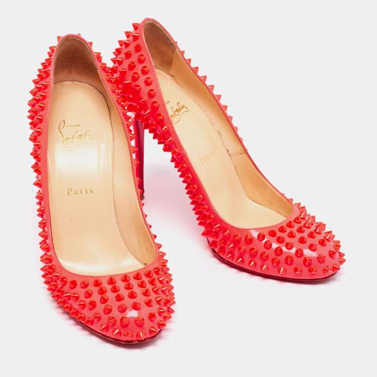 Pre Owned Christian Louboutin Neon Pink Leather Fifi Spike Pumps Size 40.5