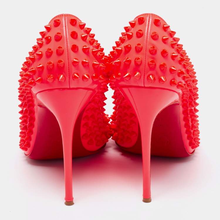 Pre Owned Christian Louboutin Neon Pink Leather Fifi Spike Pumps Size 40.5