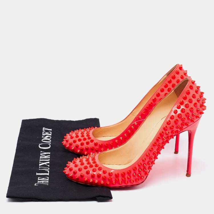 Pre Owned Christian Louboutin Neon Pink Leather Fifi Spike Pumps Size 40.5