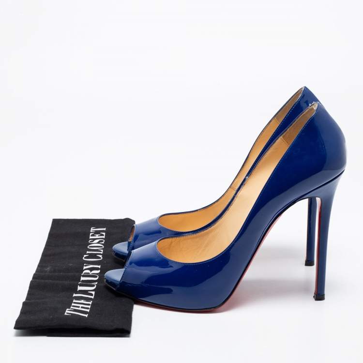 Pre Owned Christian Louboutin Blue Patent Leather Flo Peep Toe Pumps Size 41