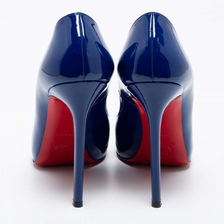 Pre Owned Christian Louboutin Blue Patent Leather Flo Peep Toe Pumps Size 41