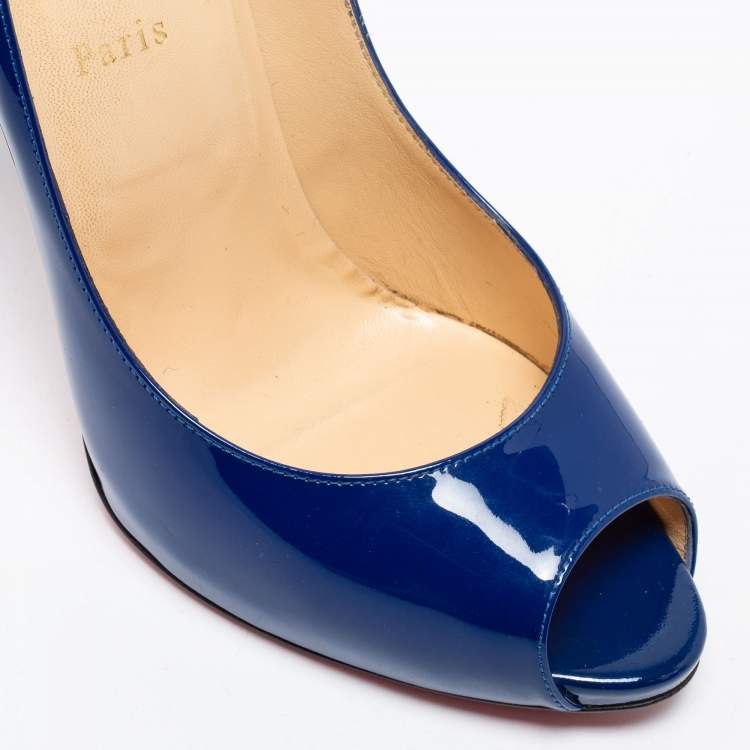 Pre Owned Christian Louboutin Blue Patent Leather Flo Peep Toe Pumps Size 41