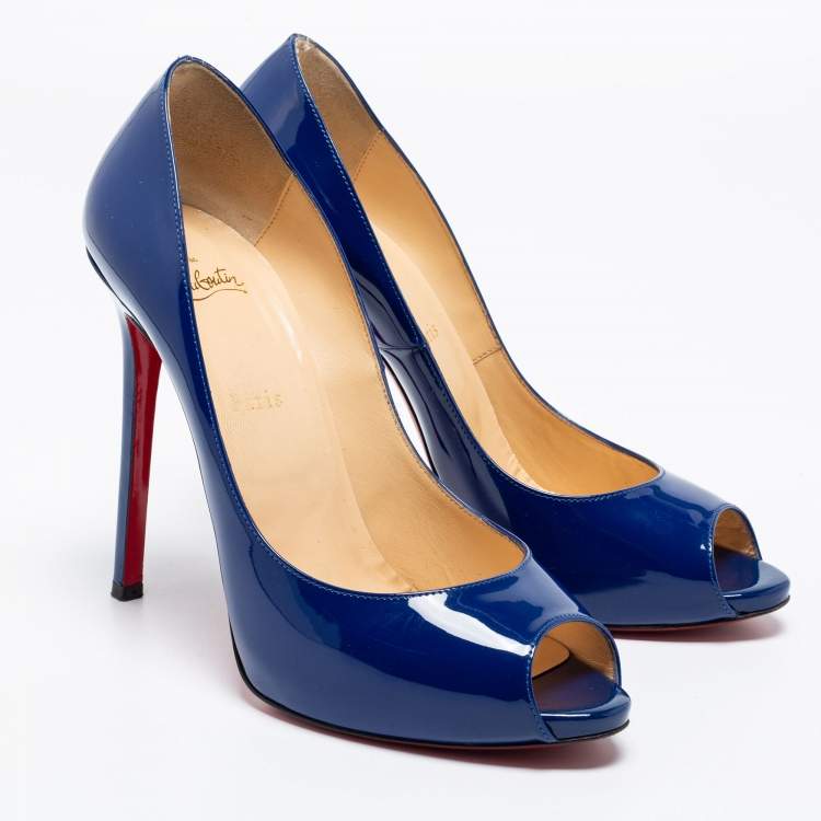Pre Owned Christian Louboutin Blue Patent Leather Flo Peep Toe Pumps Size 41