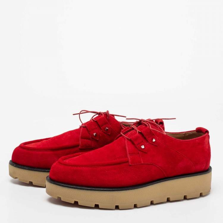 Pre Owned Christian Louboutin Red Suede Lace-Up Derby Platform Sneakers Size 39.5