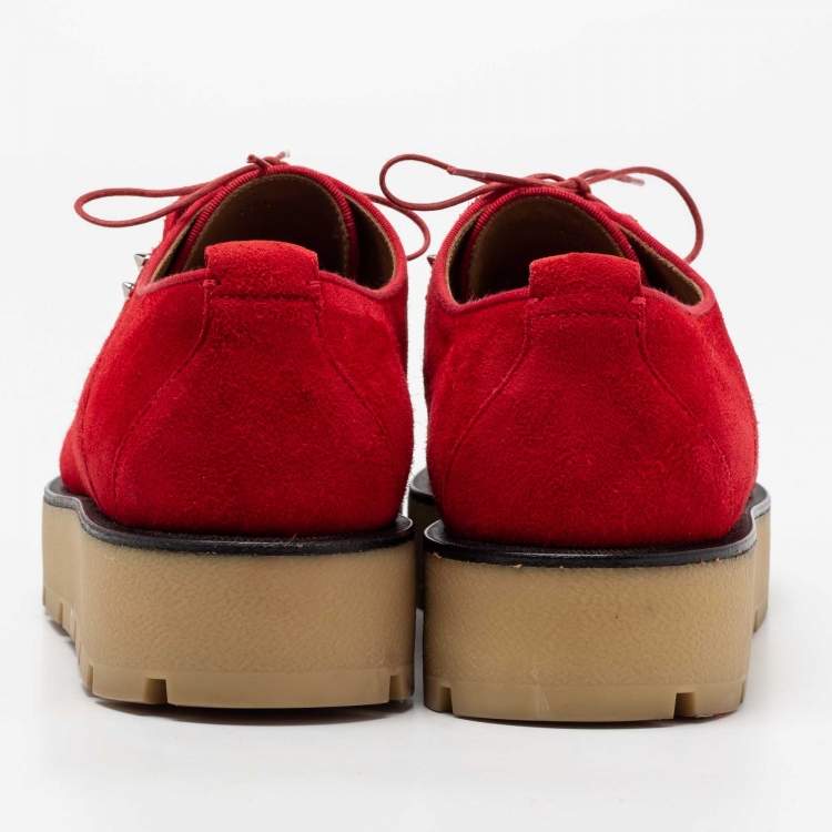 Pre Owned Christian Louboutin Red Suede Lace-Up Derby Platform Sneakers Size 39.5