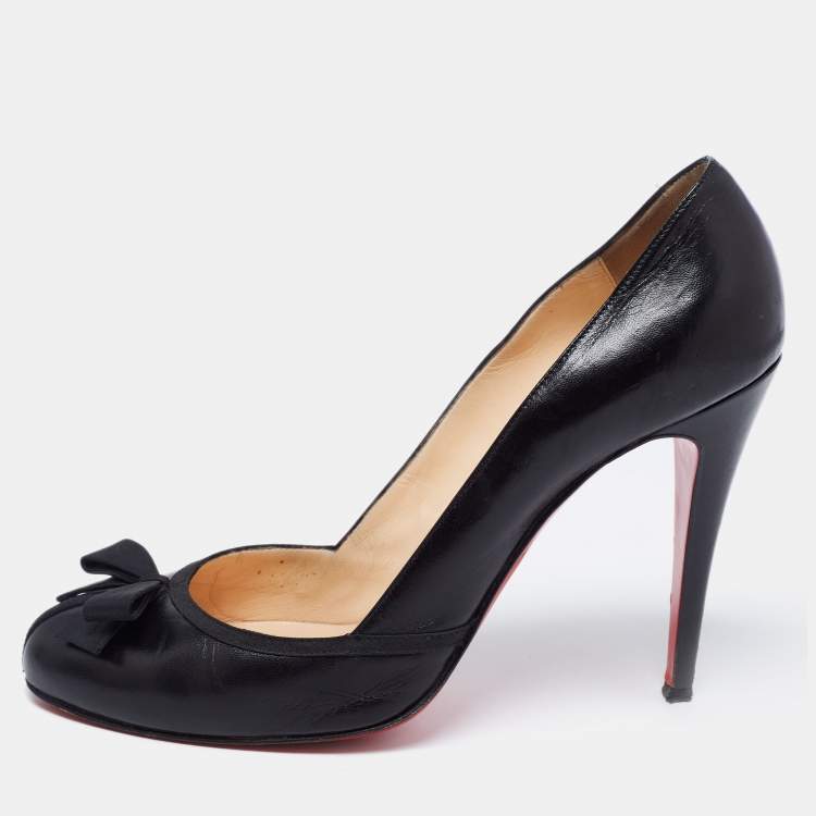 Pre Owned Christian Louboutin Black Leather and Fabric Bow Lavalliere Round-Toe Pumps Size 41
