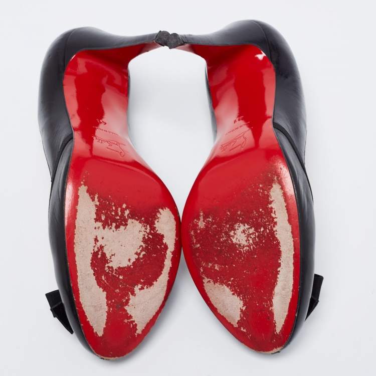 Pre Owned Christian Louboutin Black Leather and Fabric Bow Lavalliere Round-Toe Pumps Size 41