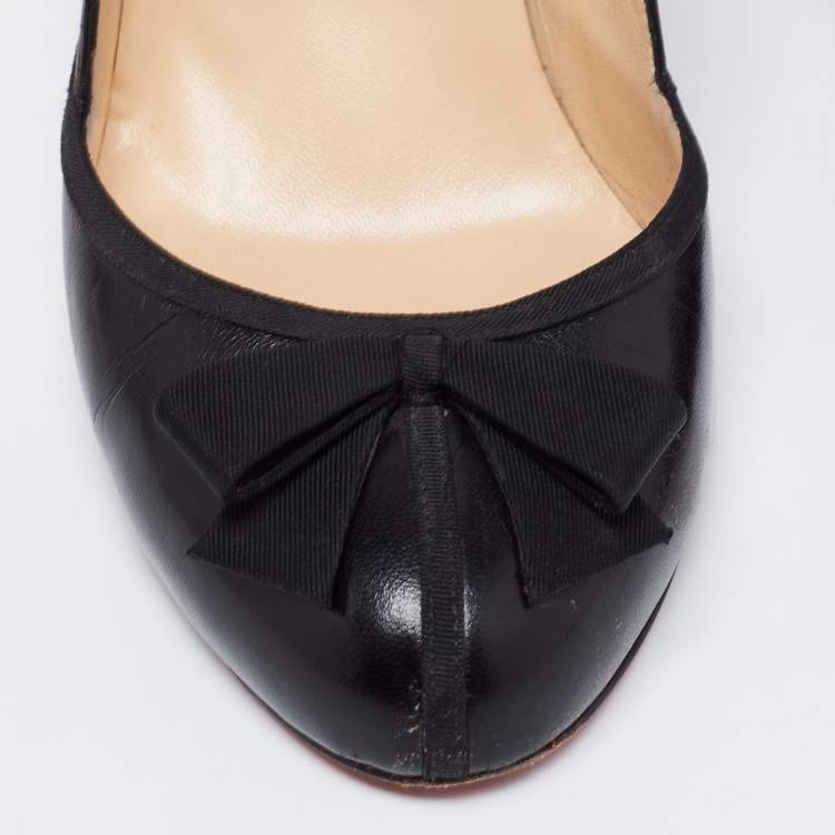 Pre Owned Christian Louboutin Black Leather and Fabric Bow Lavalliere Round-Toe Pumps Size 41