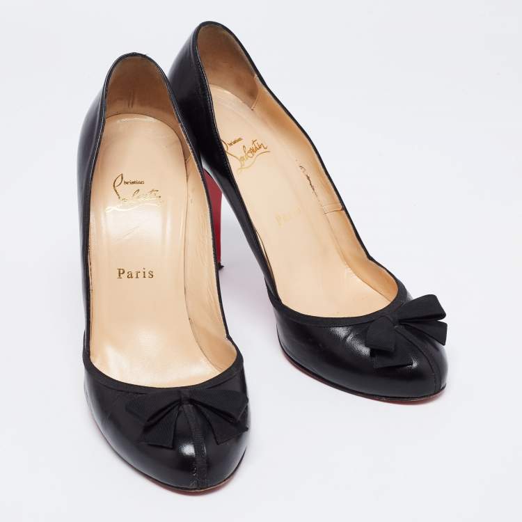 Pre Owned Christian Louboutin Black Leather and Fabric Bow Lavalliere Round-Toe Pumps Size 41