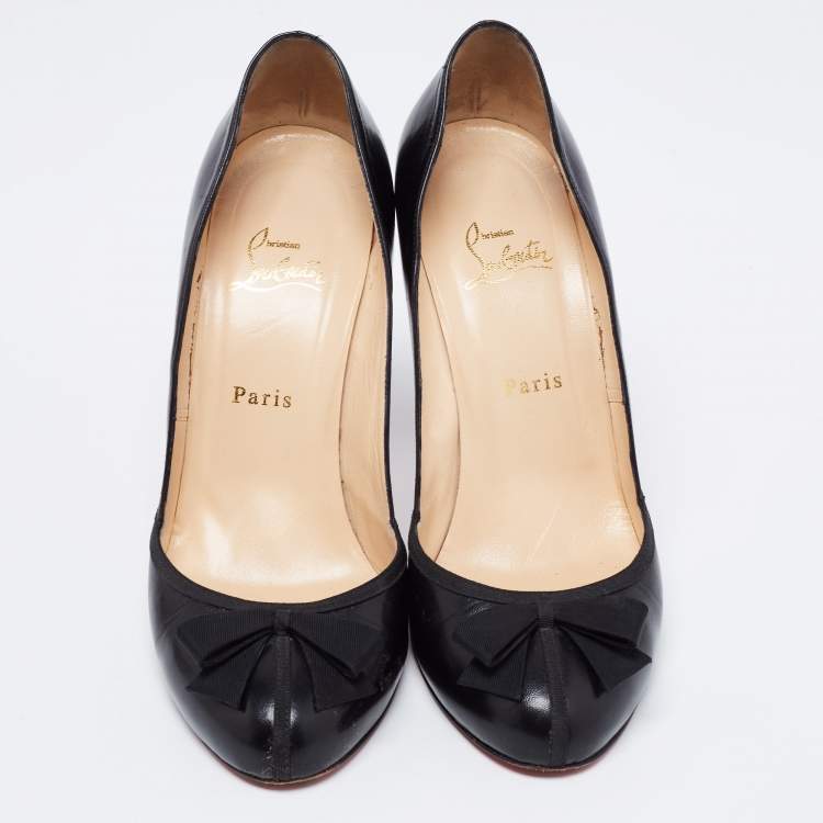 Pre Owned Christian Louboutin Black Leather and Fabric Bow Lavalliere Round-Toe Pumps Size 41