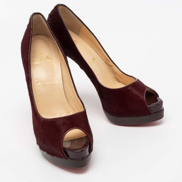 Pre Owned Christian Louboutin Burgundy Calf Hair Altadama Astrakhan Peep Toe Pumps Size 41