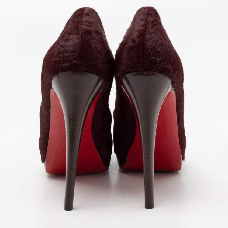Pre Owned Christian Louboutin Burgundy Calf Hair Altadama Astrakhan Peep Toe Pumps Size 41