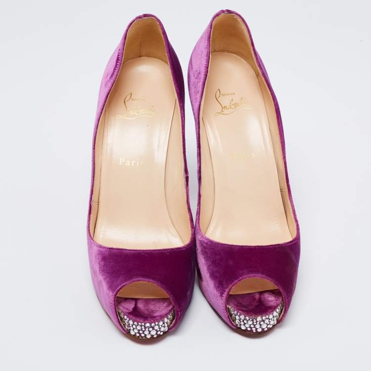 Pre Owned Christian Louboutin Magenta Velvet Very Prive Crystal Peep-Toe Pumps Size 40.5