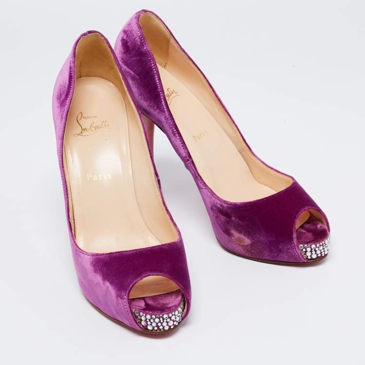 Pre Owned Christian Louboutin Magenta Velvet Very Prive Crystal Peep-Toe Pumps Size 40.5