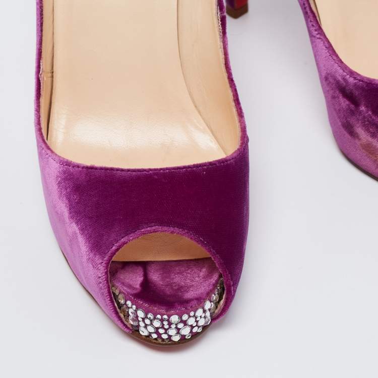 Pre Owned Christian Louboutin Magenta Velvet Very Prive Crystal Peep-Toe Pumps Size 40.5