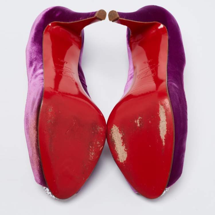 Pre Owned Christian Louboutin Magenta Velvet Very Prive Crystal Peep-Toe Pumps Size 40.5