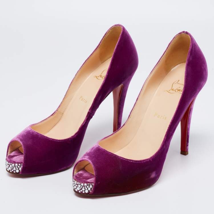 Pre Owned Christian Louboutin Magenta Velvet Very Prive Crystal Peep-Toe Pumps Size 40.5