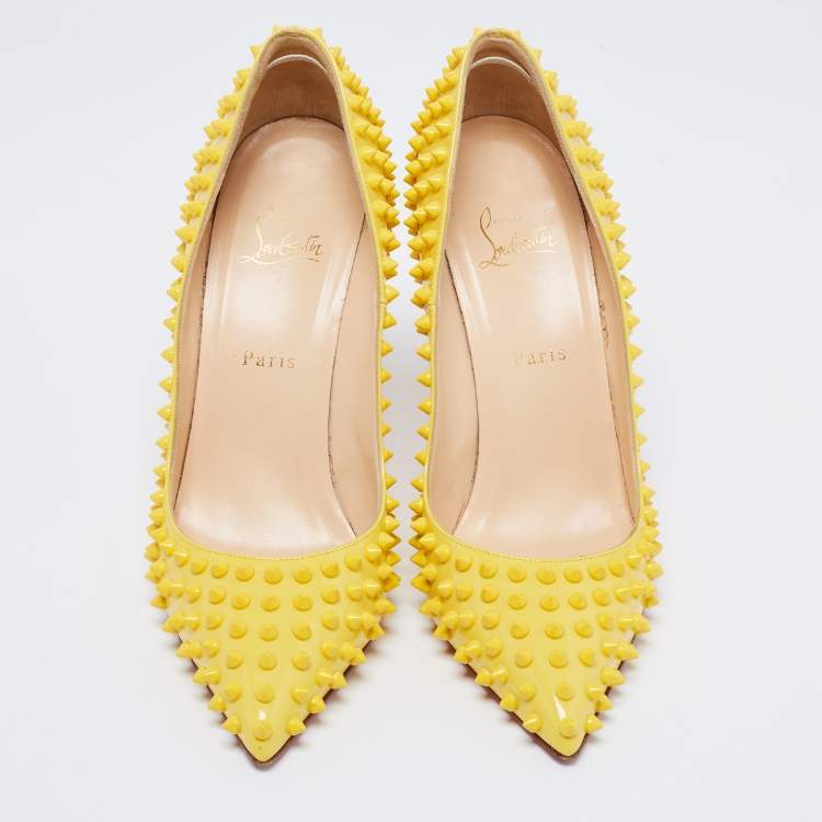 Pre Owned Christian Louboutin Yellow Patent Leather Pigalle Spikes Pumps Size 41