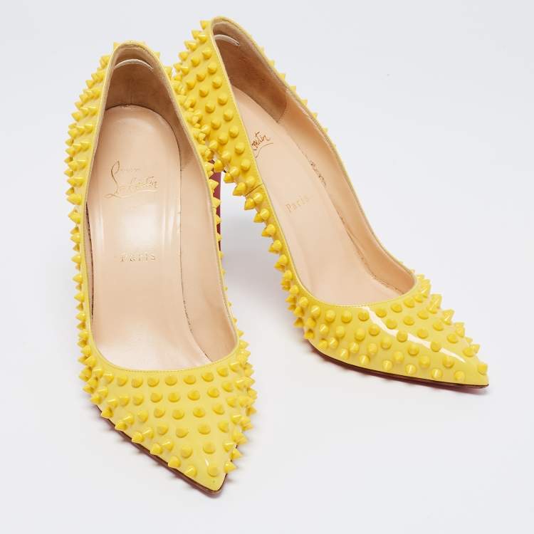 Pre Owned Christian Louboutin Yellow Patent Leather Pigalle Spikes Pumps Size 41