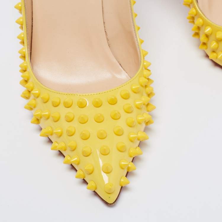 Pre Owned Christian Louboutin Yellow Patent Leather Pigalle Spikes Pumps Size 41
