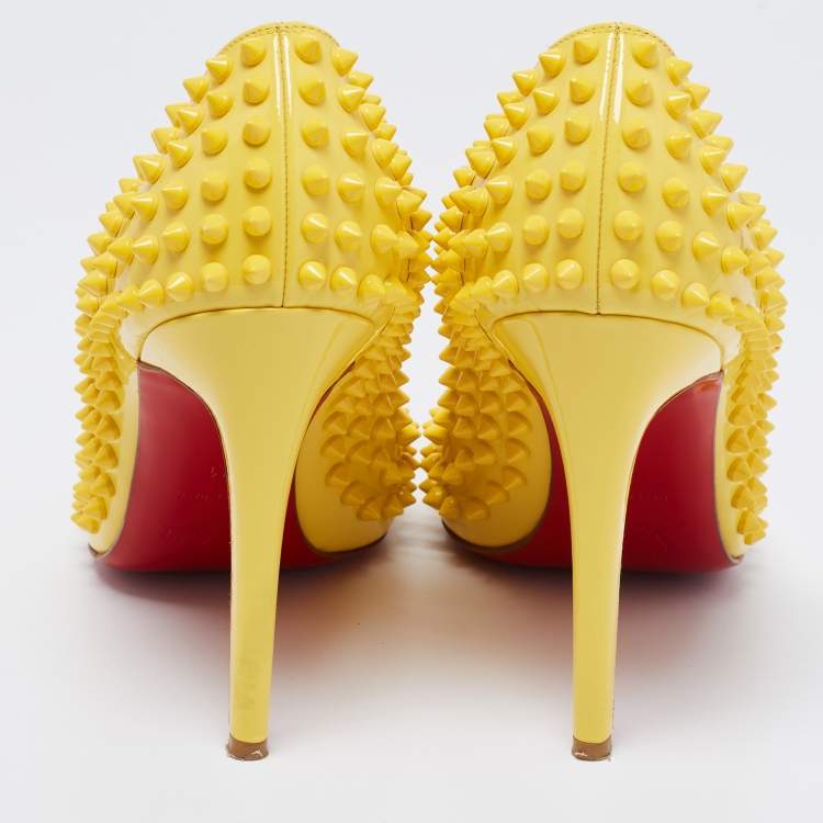 Pre Owned Christian Louboutin Yellow Patent Leather Pigalle Spikes Pumps Size 41