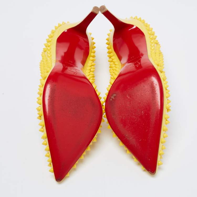 Pre Owned Christian Louboutin Yellow Patent Leather Pigalle Spikes Pumps Size 41