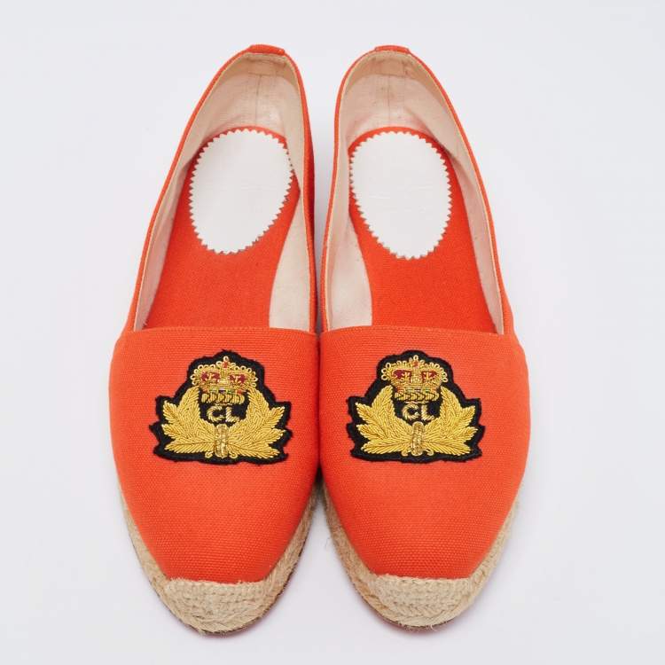 مملوكة مسبقًا Christian Louboutin Orange Canvas Gala Embroidered Crest Espadrille Loafers Size 40