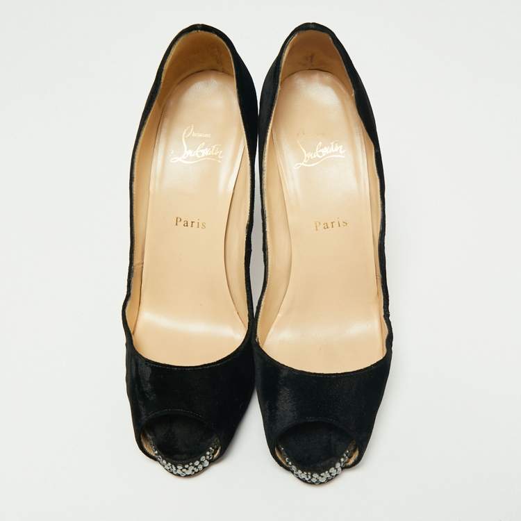 Pre Owned Christian Louboutin Black Velvet Very Prive Crystal Peep-Toe Pumps Size 40.5