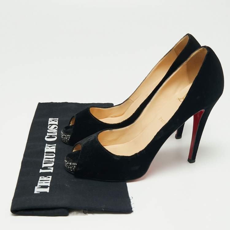 Pre Owned Christian Louboutin Black Velvet Very Prive Crystal Peep-Toe Pumps Size 40.5