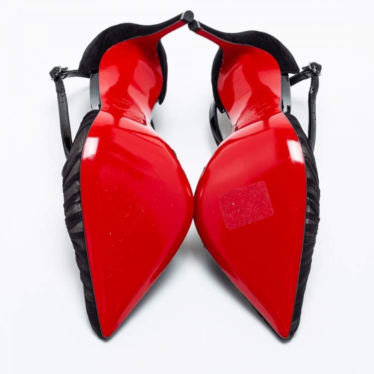 Pre Owned Christian Louboutin Black Fabric And Patent Leather Twistissima Pointed Toe Ankle Strap Sandals Size 36