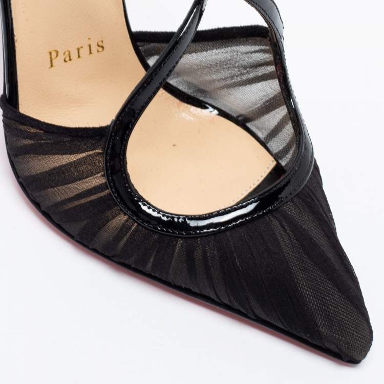 Pre Owned Christian Louboutin Black Fabric And Patent Leather Twistissima Pointed Toe Ankle Strap Sandals Size 36