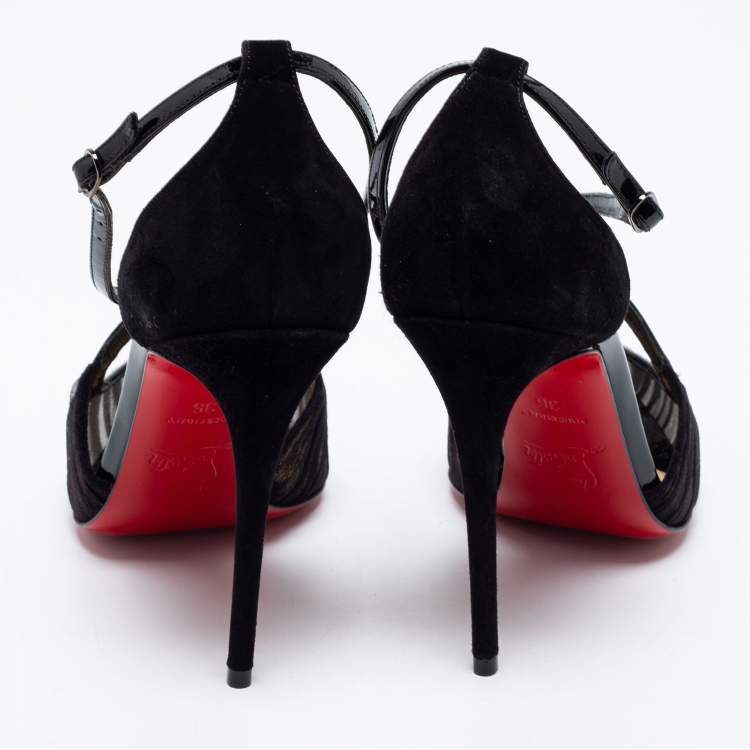 Pre Owned Christian Louboutin Black Fabric And Patent Leather Twistissima Pointed Toe Ankle Strap Sandals Size 36