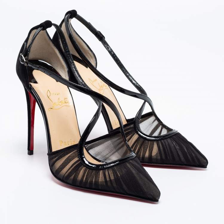 Pre Owned Christian Louboutin Black Fabric And Patent Leather Twistissima Pointed Toe Ankle Strap Sandals Size 36