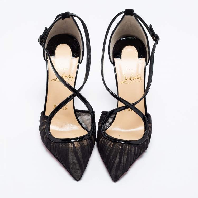 Pre Owned Christian Louboutin Black Fabric And Patent Leather Twistissima Pointed Toe Ankle Strap Sandals Size 36