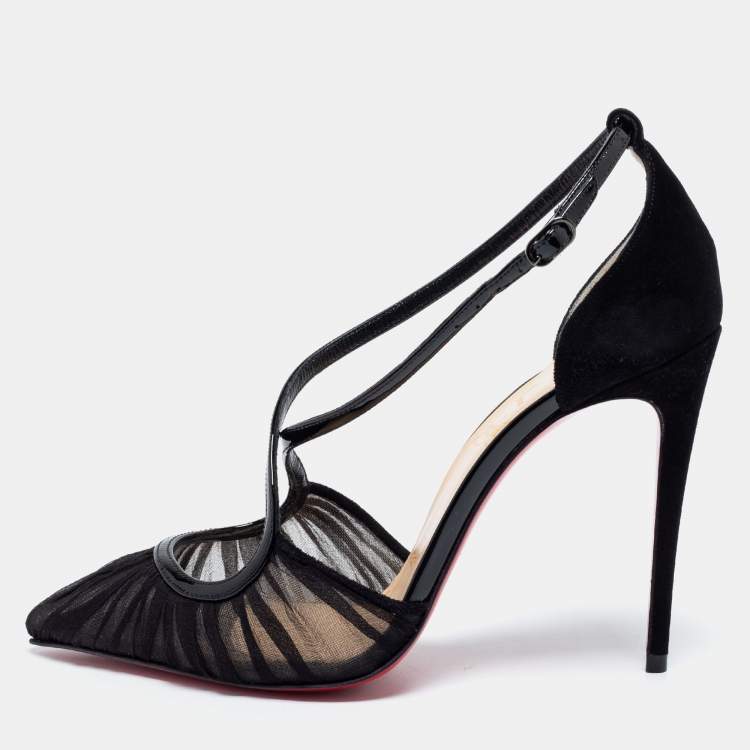 Pre Owned Christian Louboutin Black Fabric And Patent Leather Twistissima Pointed Toe Ankle Strap Sandals Size 36