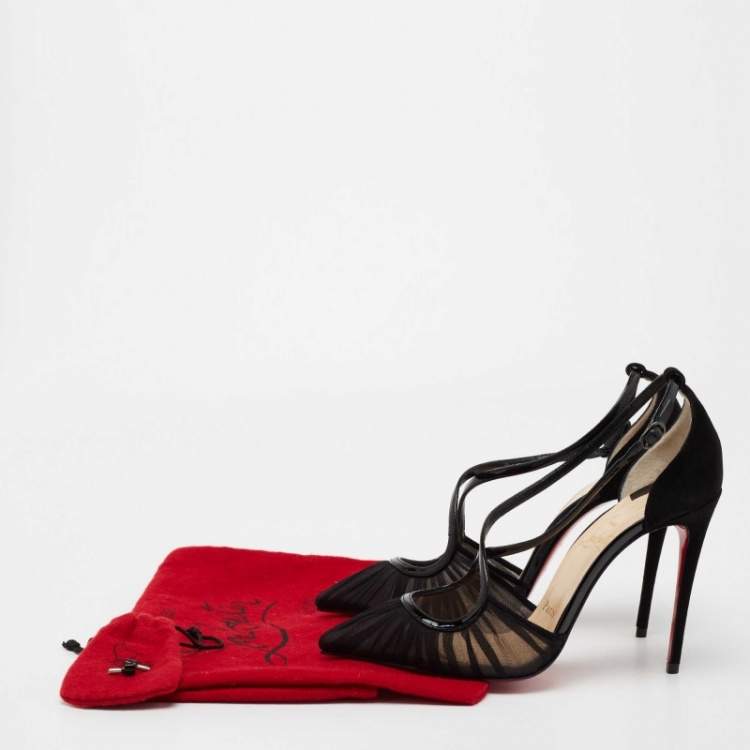 Pre Owned Christian Louboutin Black Fabric And Patent Leather Twistissima Pointed Toe Ankle Strap Sandals Size 36