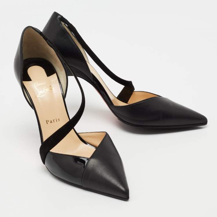 Pre Owned Christian Louboutin Black Suede, Patent and Leather Platina Pumps Size 41.5