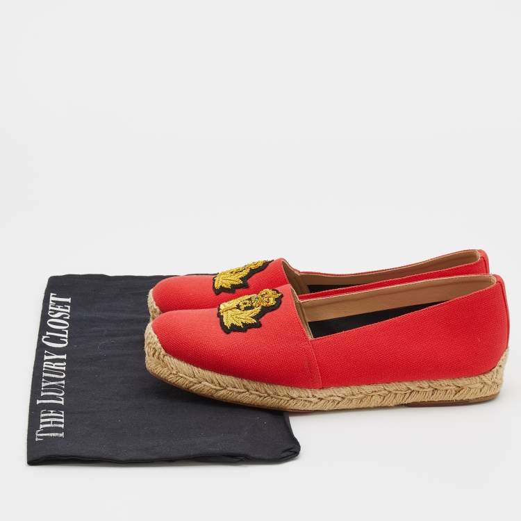 Pre Owned Christian Louboutin Red Gala Embroidered Crest Espadrille Loafers Size 36