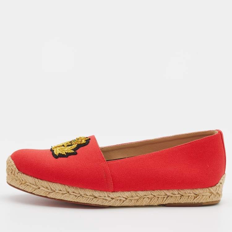 Pre Owned Christian Louboutin Red Gala Embroidered Crest Espadrille Loafers Size 36