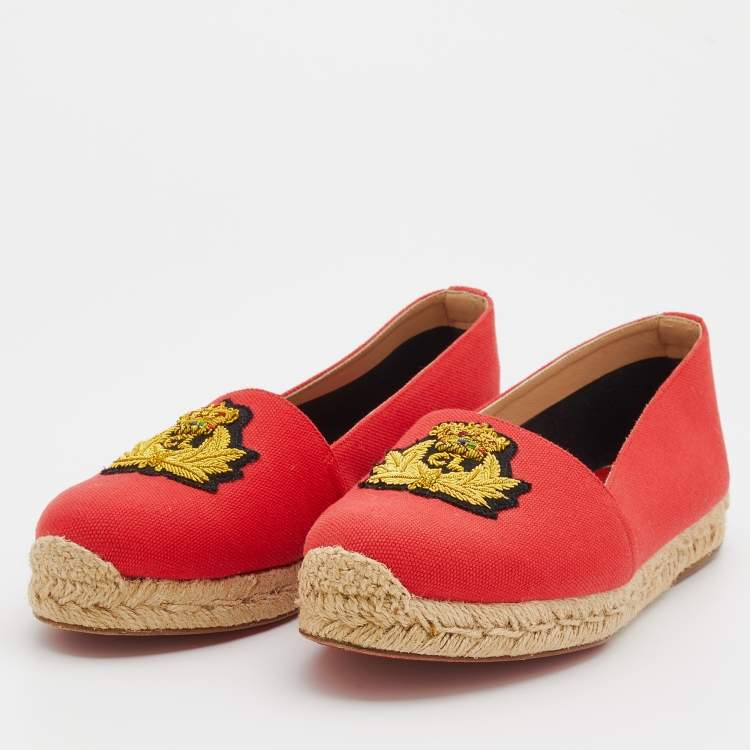 Pre Owned Christian Louboutin Red Gala Embroidered Crest Espadrille Loafers Size 36