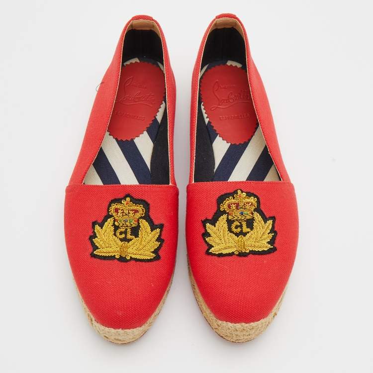 Pre Owned Christian Louboutin Red Gala Embroidered Crest Espadrille Loafers Size 36